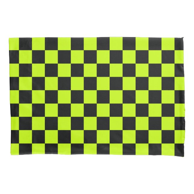 Acid green black checkerboard pattern pillowcase (Front-Left)