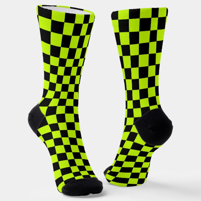 Acid green black checkerboard pattern socks (Angled)