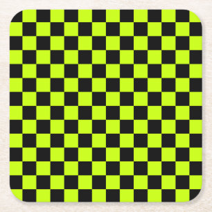 Acid green black checkerboard pattern square paper coaster