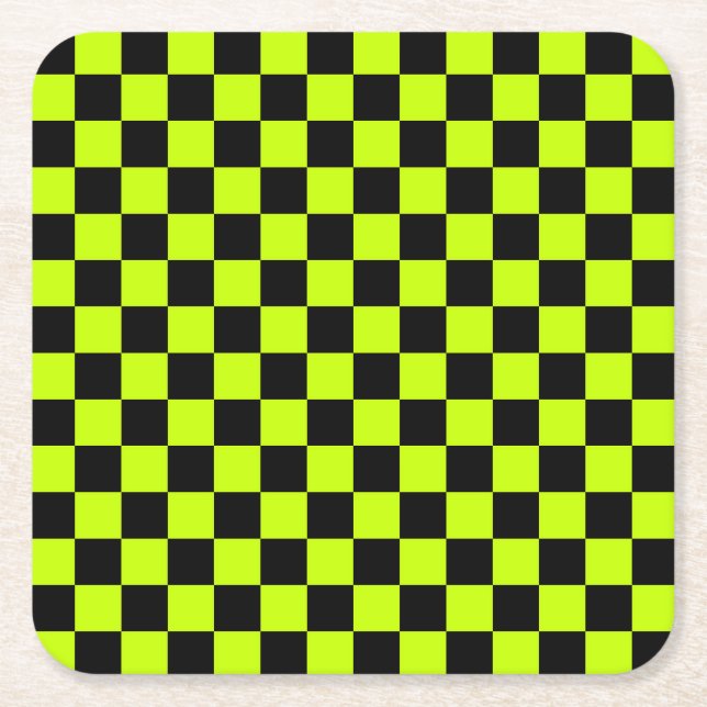 Acid green black checkerboard pattern square paper coaster (Front)