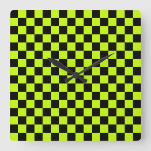 Acid green black checkerboard pattern square wall clock