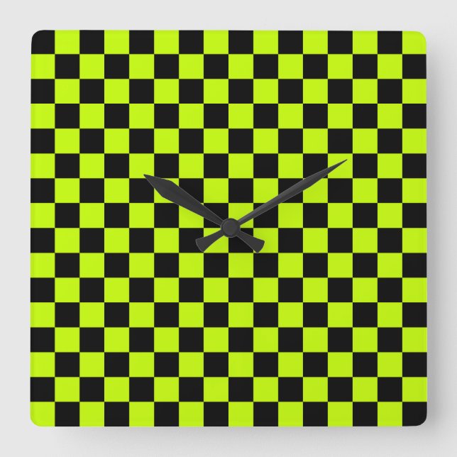 Acid green black checkerboard pattern square wall clock (Front)