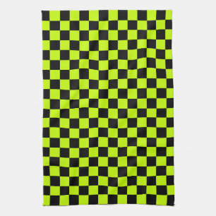 Acid green black checkerboard pattern tea towel