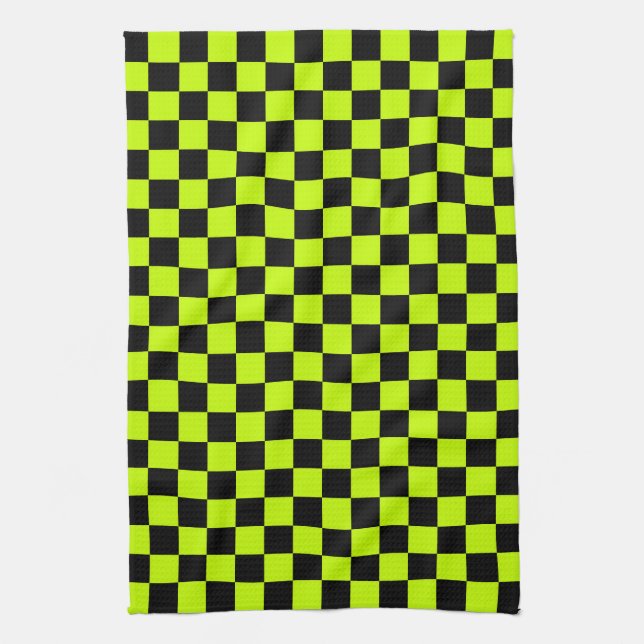 Acid green black checkerboard pattern tea towel (Vertical)