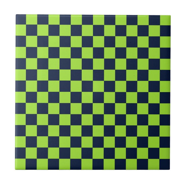 Acid green black chequerboard pattern ceramic tile (Front)