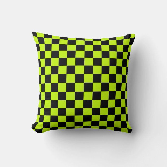 Acid green black chequerboard pattern cushion (Front)