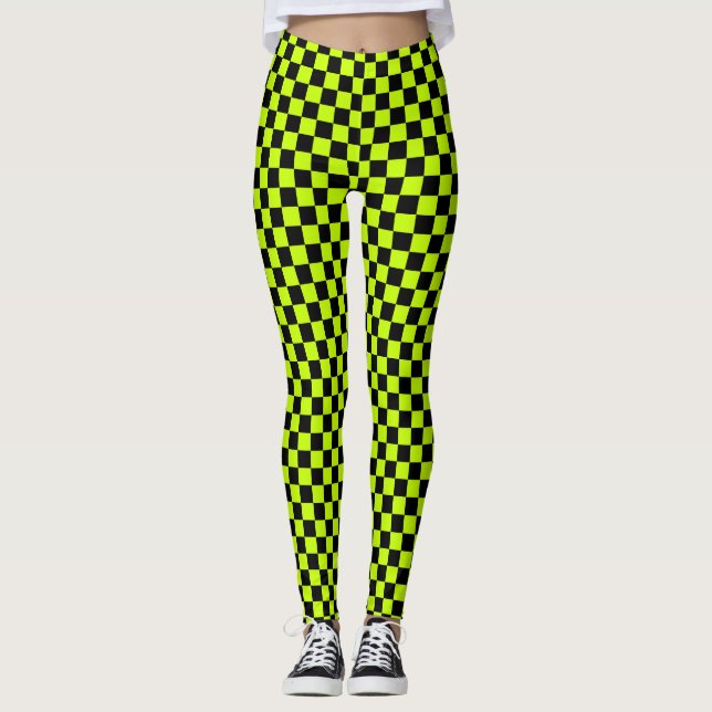 Acid green black chequerboard pattern leggings (Front)