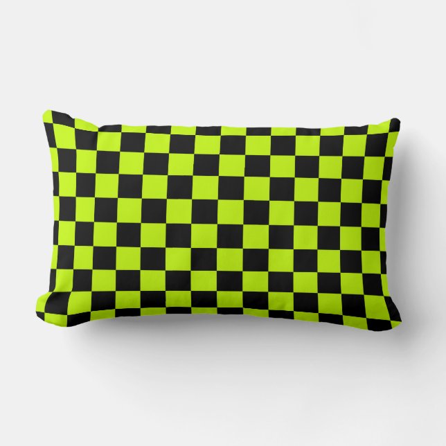 Acid green black chequerboard pattern lumbar cushion (Front)