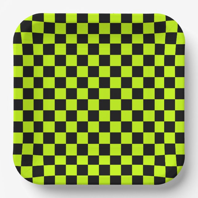 Acid green black chequerboard pattern paper plate (Front)