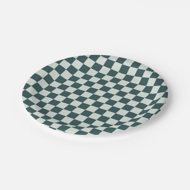 Acid green black chequerboard pattern paper plates (Angled)