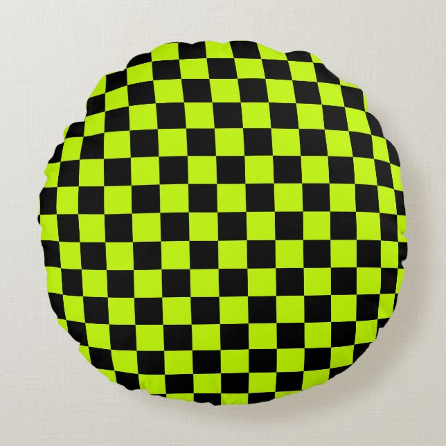 Acid green black chequerboard pattern round cushion (Front)