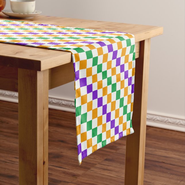 Acid green black chequerboard pattern short table runner (In Situ)