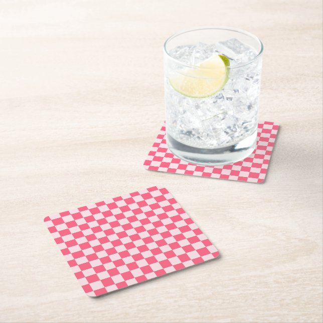 Acid green black chequerboard pattern square paper coaster (Insitu)