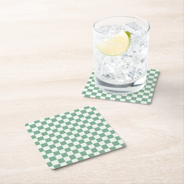 Acid green black chequerboard pattern square paper coaster (Insitu)