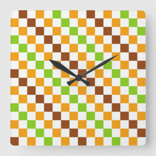 Acid green black chequerboard pattern square wall clock