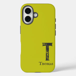 Acid green solid colour grey initials and name iPhone 16 case