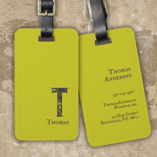 Acid green solid colour grey initials and name luggage tag