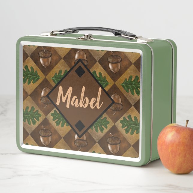 Acorn and Oak Leaf Chequerboard Pattern Custom Nam Metal Lunch Box (In Situ)