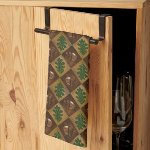 Acorn and Oak Leaf Chequerboard Pattern Tea Towel
