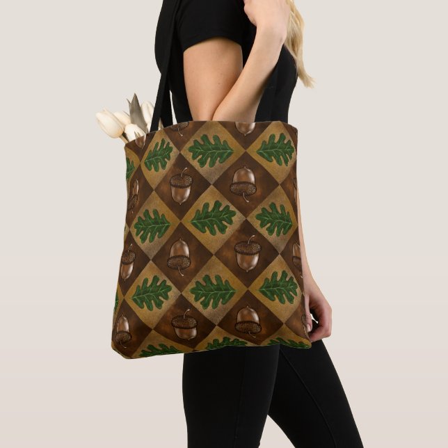 Acorn and Oak Leaf Chequerboard Pattern  Tote Bag (Close Up)
