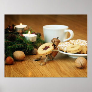 Acorn elf eating cookie - Christmas poster