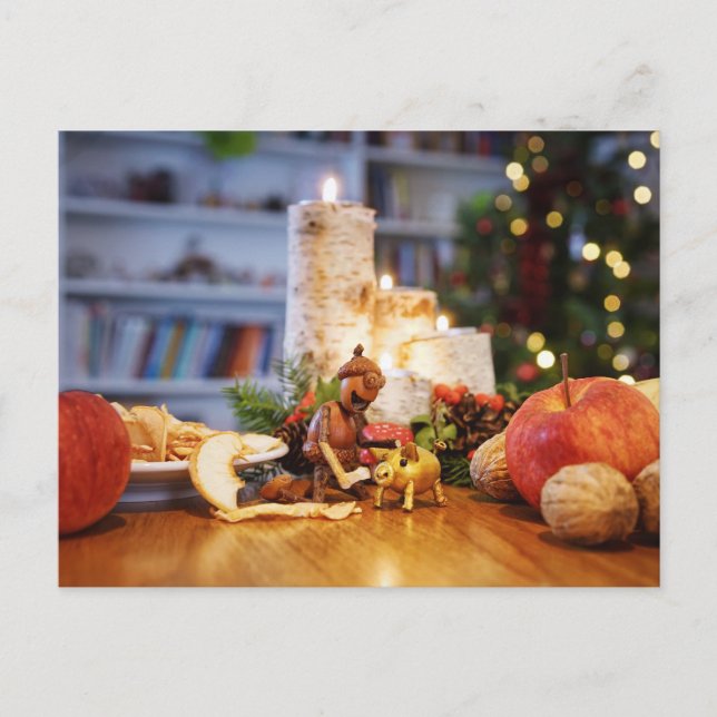 Acorn elf feeding Christmas golden piglet Postcard (Front)