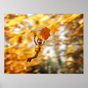 Acorn elf flying on the oak autumn leaf poster