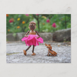 Acorn elf girl in a pink dress with a dog postcard