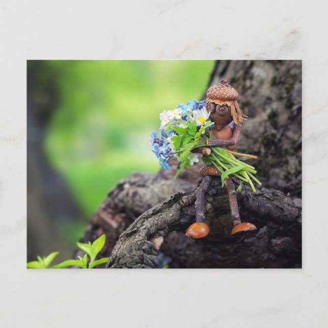 Acorn elf girl with flowers postcard (Front)