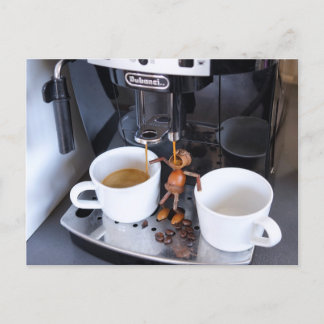 Acorn elf is drinking coffee from coffee machine postcard