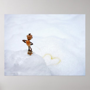 Acorn elf making a yellow heart in the snow winter poster