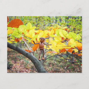Acorn elf on a beech tree autumn postcard
