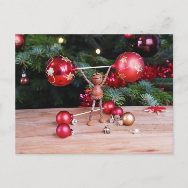 Acorn elf playing with Christmas decorations Postcard (Front)
