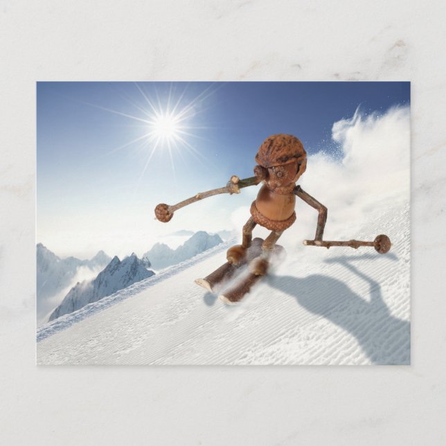 Acorn elf skiing on the snow winter postcard (Front)