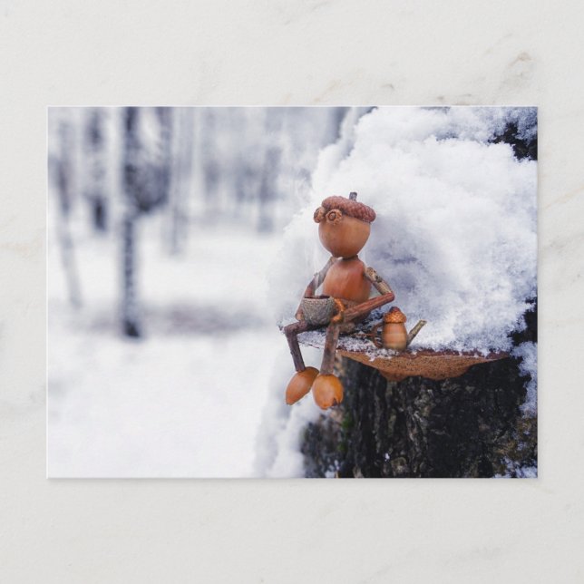 Acorn elf with a coffee - winter postcard (Front)