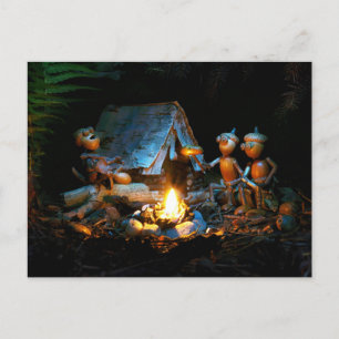 Acorn elves around the campfire at the campsite postcard