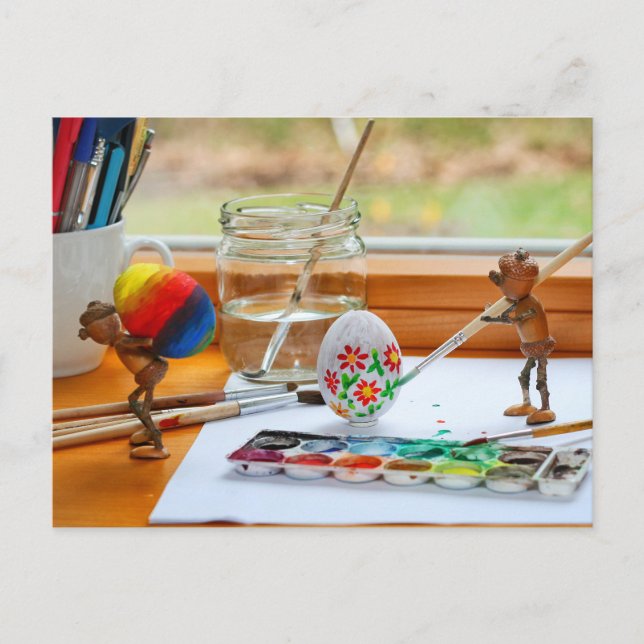 Acorn elves decorating Easter eggs Easter Postcard (Front)