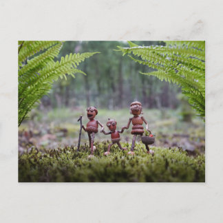 Acorn elves family on a walk postcard