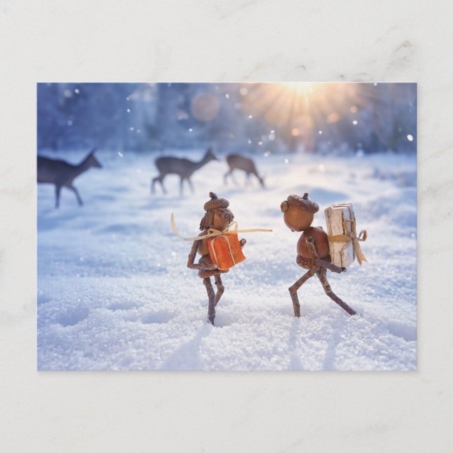 Acorn elves giving gifts to each other - Christmas Postcard (Front)