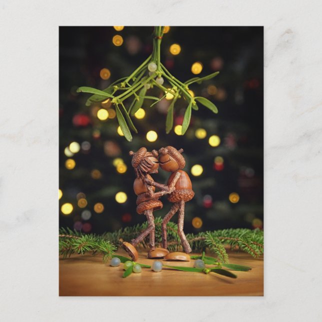 Acorn elves kissing under the mistletoe Christmas Postcard (Front)