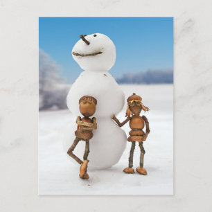 Acorn elves making a snowman winter postcard
