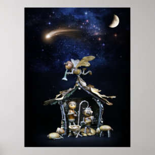 Acorn elves nativity scene - Christmas poster