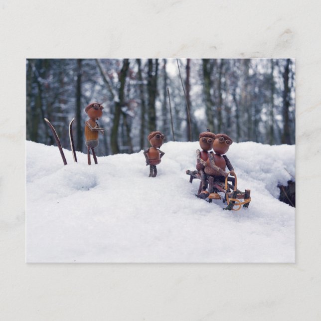 Acorn elves ride sledge winter postcard (Front)