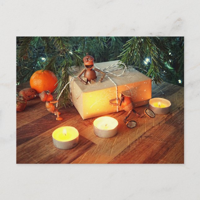 Acorn elves unpacking Christmas gift box  Postcard (Front)