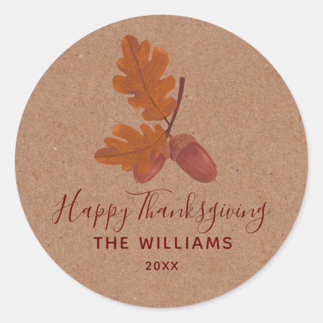 Acorn "Happy Thanksgiving" Personalised  Classic Round Sticker (Front)