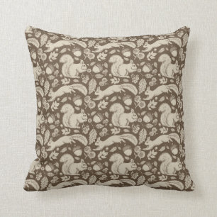 Acorn Squirrel Taupe Ecru Fall Floral Pillow