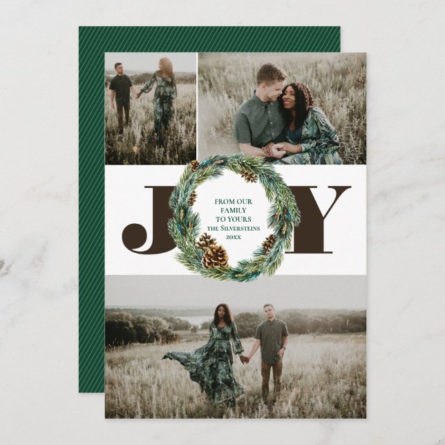 Acorn Wreath 3 Photo Christmas Holiday Flat Card (Front/Back)