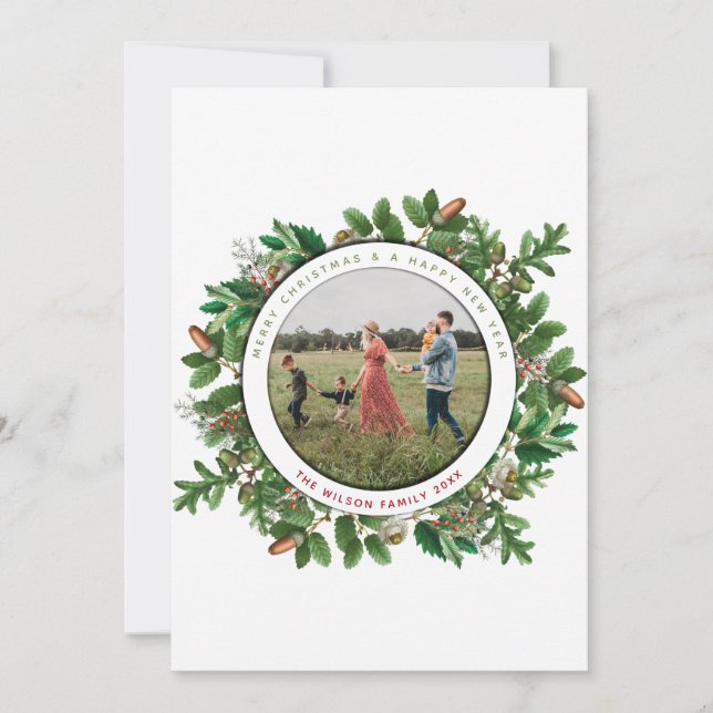 Acorn Wreath Family Photo Christmas Card (Front)