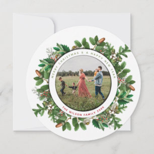 Acorn Wreath Family Photo Round Christmas Card