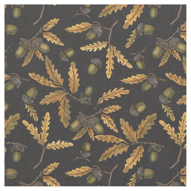 Acorns and oak leaves on black fabric (Close Up)